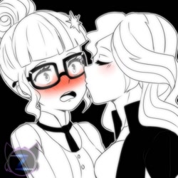 Size: 800x800 | Tagged: safe, artist:ponyprincessgirl100, sci-twi, sunset shimmer, twilight sparkle, equestria girls, black background, blushing, cute, eyes closed, female, glasses, kissing, lesbian, monochrome, neo noir, open mouth, partial color, scitwishimmer, shipping, simple background, sunsetsparkle, surprise kiss, surprised