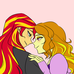 Size: 1000x1000 | Tagged: safe, artist:raika0306, adagio dazzle, sunset shimmer, equestria girls, rainbow rocks, blushing, clothes, female, lesbian, lidded eyes, looking at each other, pink background, shipping, simple background, smiling, sunsagio