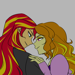 Size: 1000x1000 | Tagged: safe, artist:raika0306, adagio dazzle, sunset shimmer, equestria girls, rainbow rocks, clothes, female, gray background, lesbian, lidded eyes, looking at each other, shipping, simple background, smiling, sunsagio