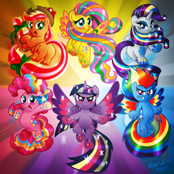 Size: 2000x2000 | Tagged: safe, artist:aleximusprime, derpibooru import, applejack, fluttershy, pinkie pie, rainbow dash, rarity, twilight sparkle, twilight sparkle (alicorn), alicorn, earth pony, pegasus, pony, unicorn, female, mane six, mare, rainbow power