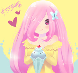 Size: 1280x1200 | Tagged: safe, artist:born-to-die, fluttershy, human, humanized, ice cream, light skin, solo