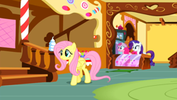 Size: 960x540 | Tagged: safe, screencap, fluttershy, pinkie pie, rarity, earth pony, pegasus, pony, unicorn, putting your hoof down, confused, cute, dem feels, female, hat, mare, new fluttershy, punch (drink), punch bowl, shocked, smiling, sugarcube corner, xp