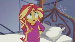 Size: 300x168 | Tagged: safe, edit, edited screencap, screencap, sunset shimmer, comic:a new change, equestria girls, legend of everfree, bad edit, clothes, pajamas, pregnant, pregnant edit, solo