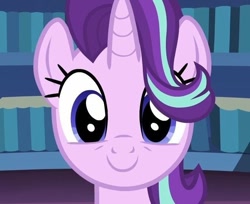 Size: 660x538 | Tagged: safe, screencap, starlight glimmer, unicorn, uncommon bond, blue eyes, cute, female, glimmerbetes, hair flip, hair over one eye, horn, looking at you, mare, smiling, solo