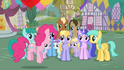 Size: 960x540 | Tagged: safe, screencap, aura (character), cloud kicker, dinky hooves, doctor whooves, liza doolots, meadow song, minuette, petunia, pinkie pie, sea swirl, seafoam, spring melody, sprinkle medley, sunshower raindrops, tootsie flute, earth pony, pony, it's about time