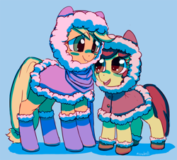 Size: 800x722 | Tagged: safe, artist:mewball, apple bloom, applejack, earth pony, pony, clothes, cute, sisters, winter outfit