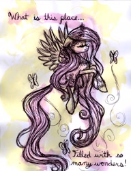 Size: 1672x2182 | Tagged: safe, artist:frostykat13, fluttershy, butterfly, pegasus, pony, solo, text, traditional art