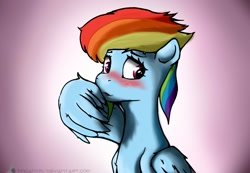 Size: 1303x900 | Tagged: safe, artist:tincantim, derpibooru import, rainbow dash, pegasus, pony, blushing, solo