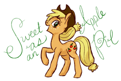 Size: 1763x1179 | Tagged: safe, artist:eggsammich, applejack, earth pony, pony, raised hoof, simple background, solo, text