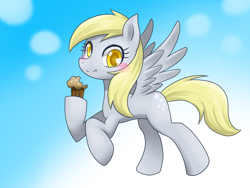 Size: 1000x750 | Tagged: safe, artist:hashioaryut, derpy hooves, pegasus, pony, eating, female, flying, mare, muffin, pixiv, solo