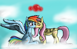 Size: 1980x1263 | Tagged: safe, artist:tincantim, derpibooru import, fluttershy, rainbow dash, pegasus, pony, female, flutterdash, heart, kissing, lesbian, shipping