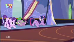 Size: 1366x768 | Tagged: safe, screencap, spike, starlight glimmer, twilight sparkle, twilight sparkle (alicorn), alicorn, dragon, pony, unicorn, to where and back again, bent over, book, crouching, crouching tiger, implied derpy, out of context, plot, twilight's castle