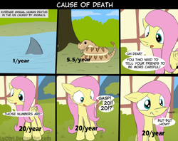 Size: 900x713 | Tagged: safe, artist:loceri, fluttershy, pegasus, pony, shark, snake, breaking the fourth wall, comic, dialogue, female, floppy ears, hnnng, mare, slice of life, sniffling, statistics, surprised, wide eyes