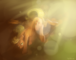 Size: 1280x1024 | Tagged: safe, artist:wolfiedrawie, applejack, earth pony, pony, bucking, lens flare, looking back, solo, underhoof