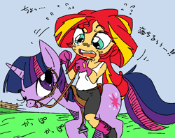 Size: 1010x800 | Tagged: artist needed, source needed, safe, sunset shimmer, twilight sparkle, pony, unicorn, equestria girls, 4chan, boots, clothes, explicit source, eye contact, gloves, grass, humans riding ponies, looking at each other, open mouth, riding, saddle, shorts, tack, tanktop