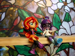 Size: 1280x960 | Tagged: safe, artist:joulesinthemoon, sci-twi, sunset shimmer, twilight sparkle, equestria girls, clothes, doll, equestria girls minis, eqventures of the minis, female, holding hands, irl, lab coat, lesbian, photo, scitwishimmer, shipping, sunsetsparkle, toy