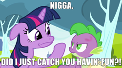 Size: 640x360 | Tagged: safe, derpibooru import, edit, spike, twilight sparkle, dragon, eye contact, floppy ears, frown, glare, image macro, italian twilight, meme, no fun allowed, spikeabuse, the boondocks, vulgar