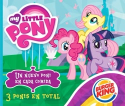 Size: 470x399 | Tagged: safe, derpibooru import, fluttershy, pinkie pie, twilight sparkle, earth pony, pegasus, pony, burger king, latin america, mexico, my little pony logo, spanish, special face, toy