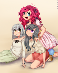 Size: 790x1000 | Tagged: safe, artist:cosmicponye, limestone pie, marble pie, pinkie pie, human, humanized, light skin, pie sisters, sisters