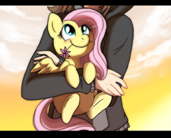 Size: 989x800 | Tagged: safe, artist:pawbit, fluttershy, human, pony, blushing, cute, flower, flower in mouth, holding a pony, hug, mouth hold, shyabetes, smiling, underhoof