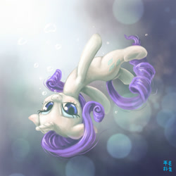 Size: 2000x2000 | Tagged: safe, artist:mrs1989, rarity, pony, unicorn, bubble, female, looking at you, mare, smiling, solo, swimming, underwater, upside down