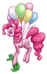 Size: 600x938 | Tagged: safe, artist:fallenzephyr, gummy, pinkie pie, earth pony, pony, balloon, female, mare, pink coat, pink mane