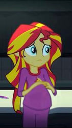 Size: 169x299 | Tagged: safe, edit, edited screencap, screencap, sunset shimmer, comic:a new change, equestria girls, rainbow rocks, clothes, cropped, cute, pajamas, pen, pregnant, pregnant edit, solo