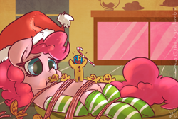 Size: 1200x807 | Tagged: safe, artist:atryl, pinkie pie, earth pony, pony, bondage, braveheart, candy cane, clothes, female, food, gingerbread man, gulliver's travels, hat, licorice, mare, parody, rope, santa hat, size difference, socks, tied up, william wallace