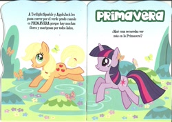 Size: 2067x1462 | Tagged: safe, applejack, twilight sparkle, butterfly, earth pony, pony, spanish, spring