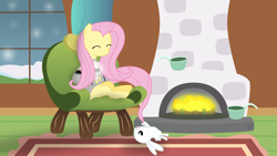 Size: 7680x4320 | Tagged: safe, artist:stillfire, angel bunny, fluttershy, pegasus, pony, absurd resolution, clothes, coffee, sweater, sweatershy, winter