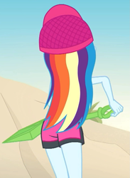 Size: 761x1039 | Tagged: safe, derpibooru import, screencap, rainbow dash, aww... baby turtles, better together, equestria girls, beach, clothes, cropped, cute, dashabetes, rainbutt dash, shorts, shovel, swimming trunks, swimsuit