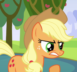 Size: 980x912 | Tagged: safe, applejack, earth pony, pony, angry, applejack's hat, blonde, blonde mane, blonde tail, female, green eyes, mare, orange coat, solo