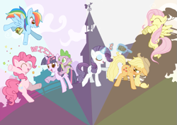 Size: 701x496 | Tagged: safe, artist:masa_0006, derpibooru import, applejack, fluttershy, pinkie pie, rainbow dash, rarity, spike, twilight sparkle, dragon, earth pony, pegasus, pony, unicorn, blushing, cowboy hat, eyes closed, female, freckles, hat, male, mane seven, mane six, mare, open mouth, pixiv, smiling, stetson