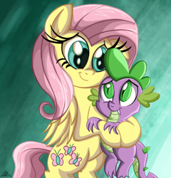 Size: 980x1020 | Tagged: safe, artist:daniel-sg, fluttershy, spike, dragon, pegasus, pony, female, flutterspike, friendshipping, hug, male, shipping, spikelove, straight