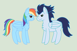 Size: 950x632 | Tagged: safe, artist:insanity-w0lf, derpibooru import, rainbow dash, soarin', pegasus, pony, female, green background, looking at each other, male, shipping, simple background, soarindash, straight