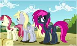 Size: 1024x614 | Tagged: safe, artist:noah-x3, derpy hooves, roseluck, oc, oc:neon flare, pegasus, pony, female, mare, vector