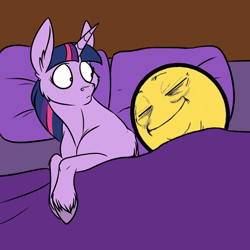 Size: 600x600 | Tagged: safe, artist:foxenawolf, edit, twilight sparkle, bed, cheek fluff, ear fluff, funny, meme, pekaface, shocked, sleeping, unshorn fetlocks, wat