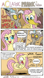 Size: 3557x6299 | Tagged: safe, artist:redapropos, discord, fluttershy, pegasus, pony, amputee, bait and switch, comic, floating, flutterbean, got your nose, legless, modular, no nose, prank, shocked, worm pony