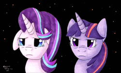 Size: 600x365 | Tagged: safe, artist:rorschfox, starlight glimmer, twilight sparkle, pony, fanfic, fanfic art, floppy ears, night, teary eyes