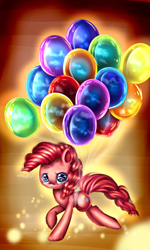 Size: 1024x1707 | Tagged: safe, artist:aquagalaxy, pinkie pie, earth pony, pony, balloon, cloud, crying, fluffy, reflection, solo, then watch her balloons lift her up to the sky