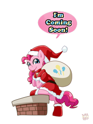 Size: 600x800 | Tagged: safe, artist:norang94, pinkie pie, pony, bipedal, chimney, clothes, costume, hat, sack, santa hat, santa sack, simple background, solo, tongue out, transparent background