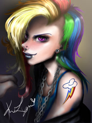 Size: 900x1200 | Tagged: safe, artist:maximumimpulse, derpibooru import, rainbow dash, human, alternative cutie mark placement, chains, ear piercing, humanized, lip piercing, nose piercing, piercing, punk, solo