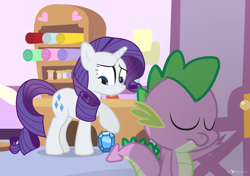 Size: 1560x1100 | Tagged: safe, artist:dm29, rarity, spike, dragon, pony, unicorn, carousel boutique, crying, duo, jewel, sad