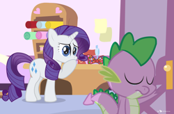 Size: 1100x720 | Tagged: safe, alternate version, artist:dm29, rarity, spike, dragon, pony, unicorn, bowtie, carousel boutique, crying, duo, sad