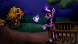 Size: 1920x1080 | Tagged: safe, artist:agussska, derpibooru import, twilight sparkle, cup, night