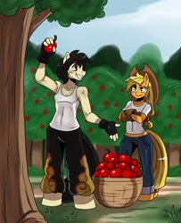 Size: 1355x1667 | Tagged: safe, artist:ss2sonic, applejack, oc, anthro, unguligrade anthro, apple, basket