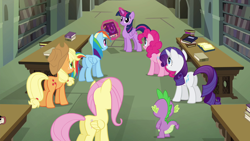 Size: 1280x720 | Tagged: safe, derpibooru import, screencap, applejack, fluttershy, pinkie pie, rainbow dash, rarity, spike, twilight sparkle, twilight sparkle (alicorn), alicorn, dragon, earth pony, pegasus, pony, unicorn, twilight's kingdom, mane seven, mane six, plot