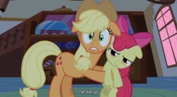 Size: 758x417 | Tagged: safe, edit, edited screencap, screencap, apple bloom, applejack, earth pony, pony, caption, fandango, female, filly, holding a pony, looking at you, mare, youtube caption