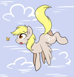 Size: 832x862 | Tagged: safe, artist:saber-panda, derpy hooves, butterfly, pegasus, pony, cute, female, flying, mare, solo