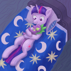 Size: 1280x1280 | Tagged: safe, artist:angel-skunk, derpibooru import, spike, twilight sparkle, dragon, bed, hug, on back, pillow